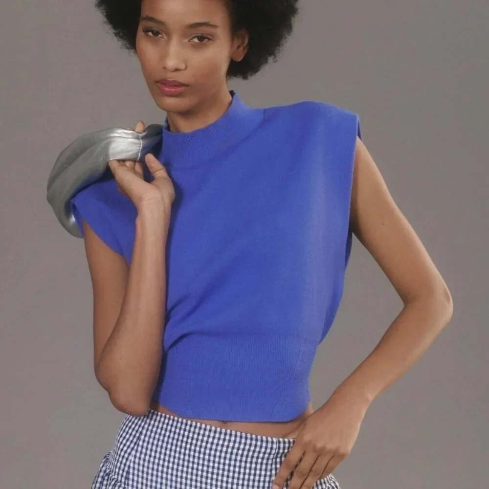 Pilcro Anthropologie Biker Muscle Sweater Blue Medium Mock Neck Sleeveless Knit